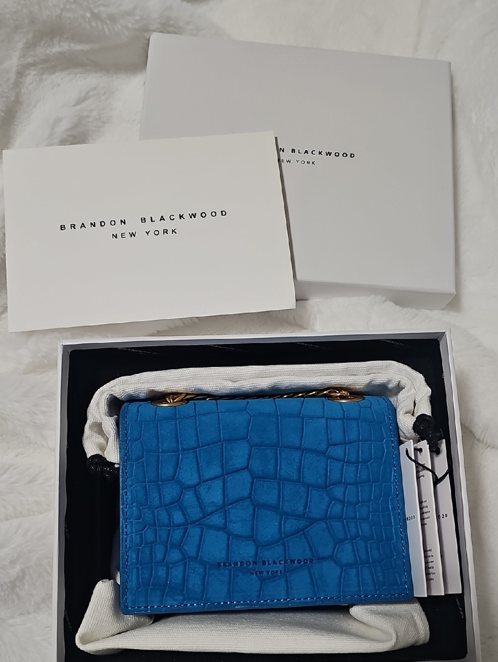 Brandon Blackwood Bright Blue Croc Mini Shoulder Bag with Gold Hardware